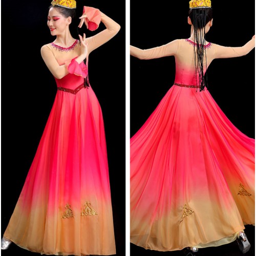 Pink yellow gradient Xinjiang dance performance dress for women girls chinese folk dance costume sOpening dance big swing skirt Uygur dance skirt